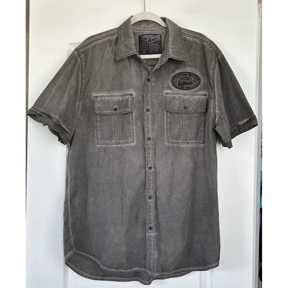 Affliction Black Premium Men XL Speed Shop Skull Button Up Shirt Gray Biker Y2K - Picture 2 of 11